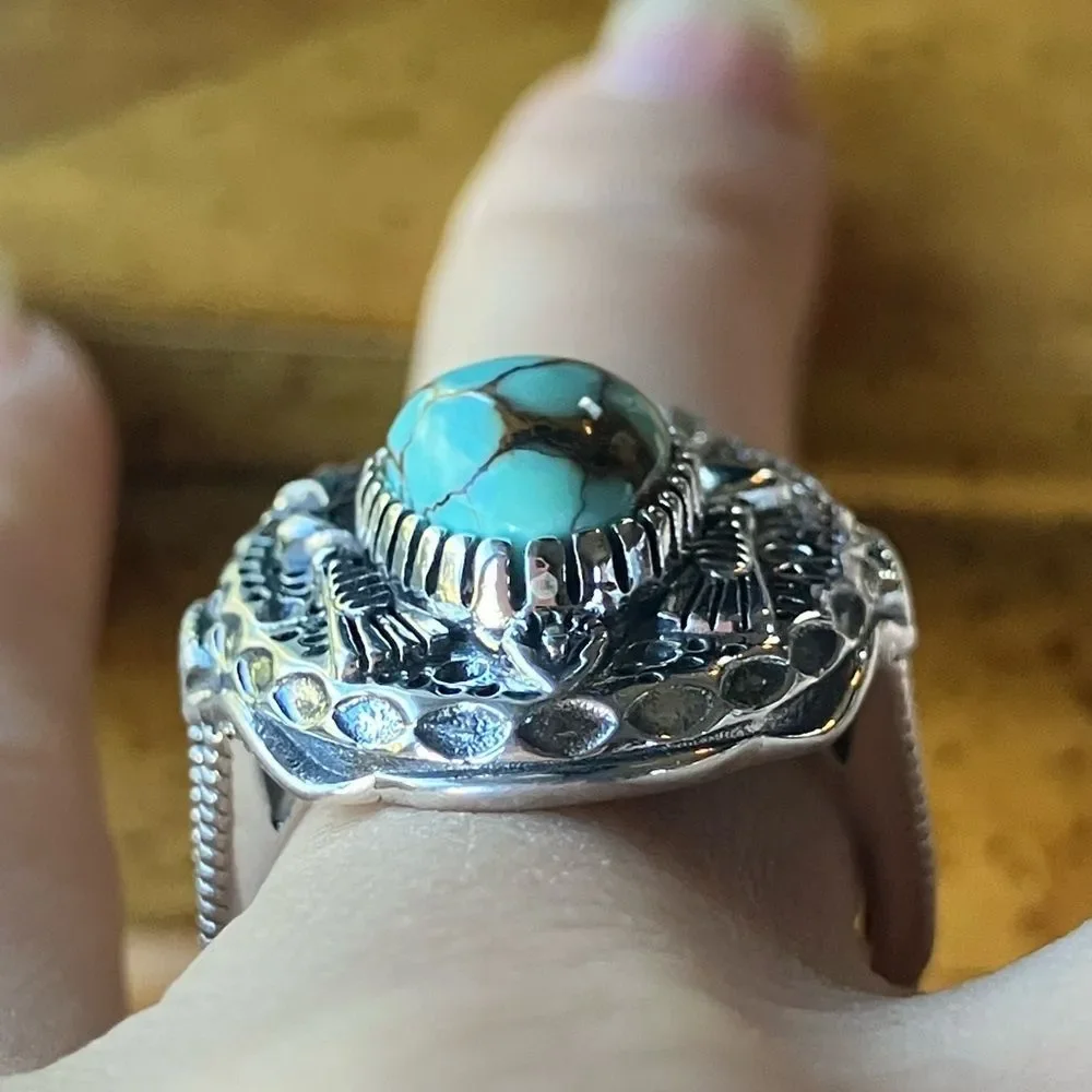 Natural Blue Moon Turquoise Sterling Silver Cowboy Ring Size 7